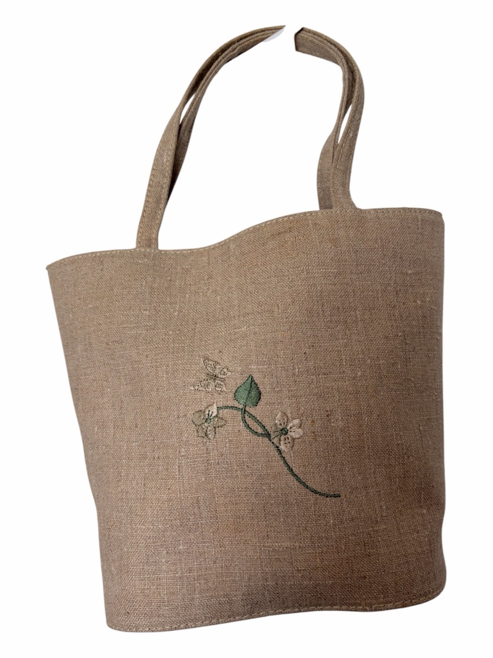 Talbots Natural Jute Tote with Green Floral Embroidery
